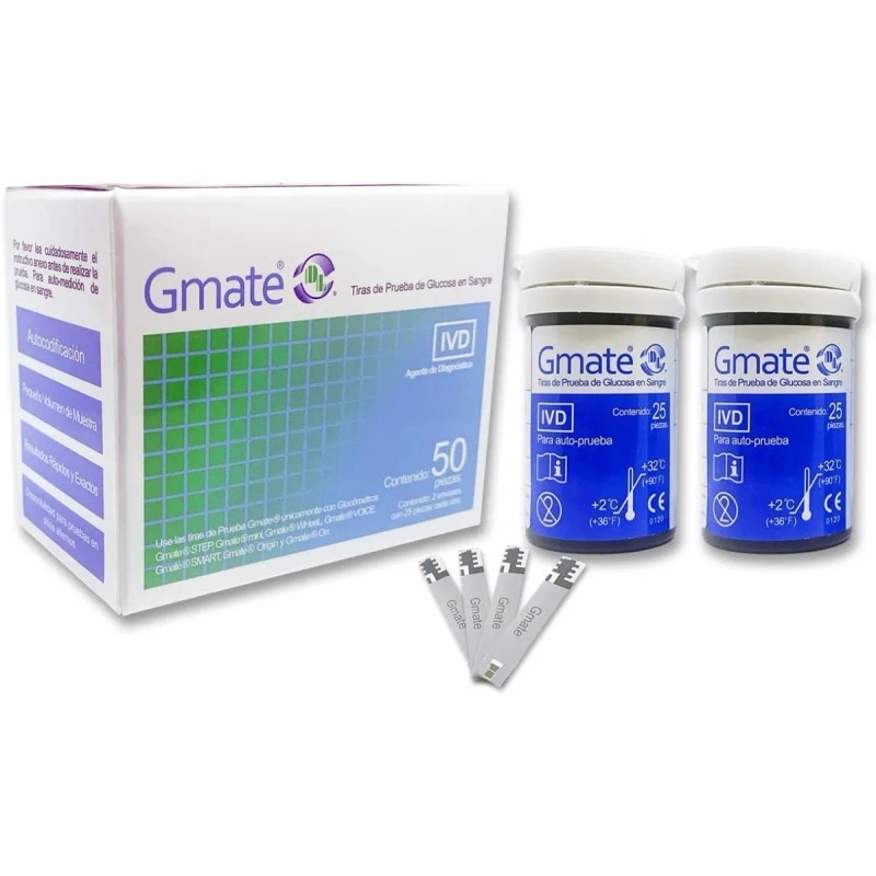 50 Tiras Reactivas Prueba Glucosa Glucometro Gmate GMATETETSTRIP