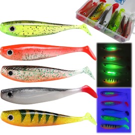 Rubber Fish Set with Glow Stick/Attractant/Rattle Channel 12 cm 20x Rubber Fish Bait with 3D Eyes and Realistic Decor Predator Fishing Bait in Bait Box for Zander Pike Perch