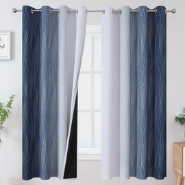 Estelar Textiler Full Room Darkening Greyish White and Navy Blue Blackout Curtains 63 Inch Length 2 Panels Set,Ombre Thermal Insulated Full Light Blocking Grommet Blackout Drapes for Boys Room,52Wx63L