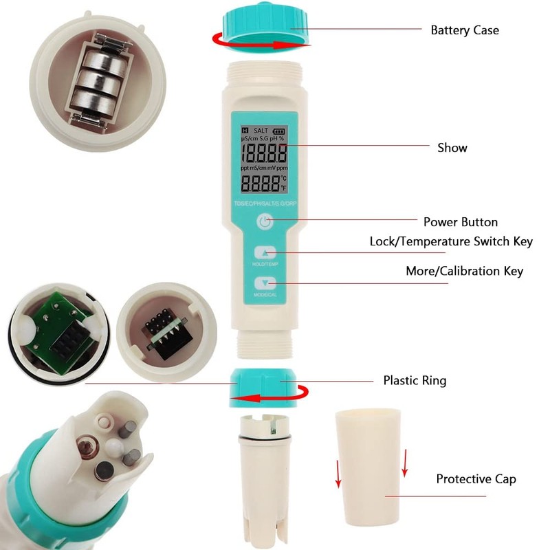Areyourshop 7 in 1 PH Meter PH/TDS/Temp/EC/Salinity/SG/ORP Meter Digital, pH