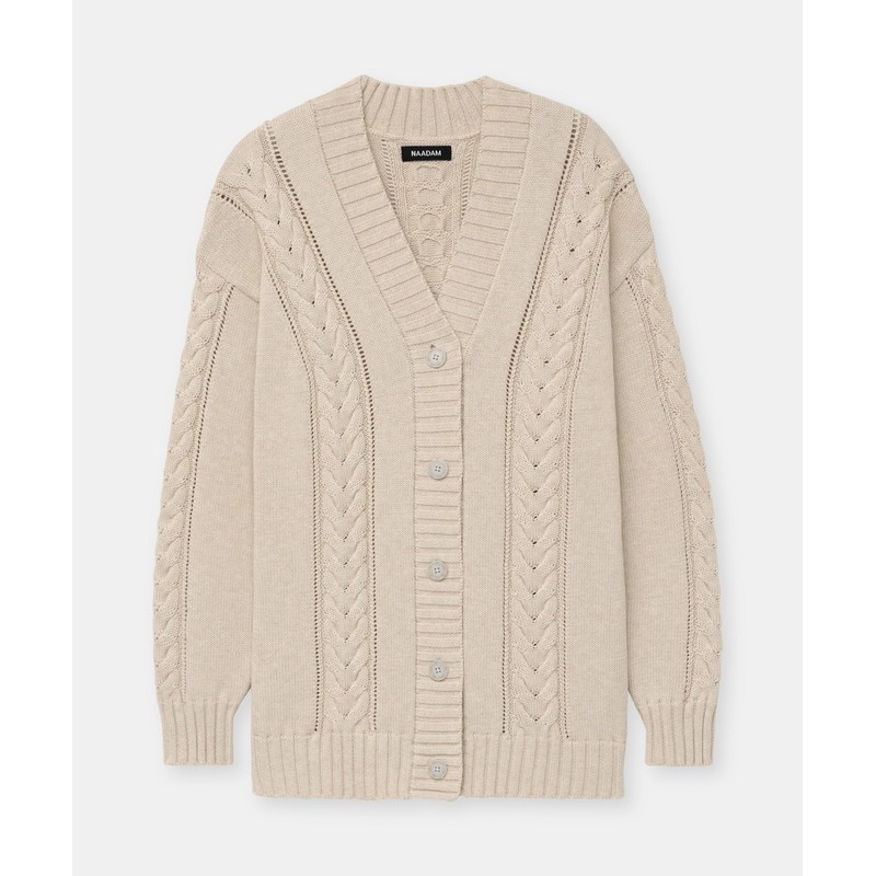 NAADAM Women Cafe Cotton Cashmere Cable Knit Cardigan, Ecru,Medium