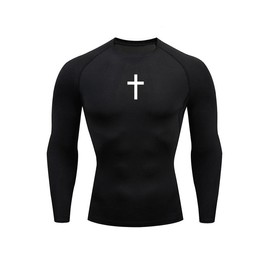 Men's Cross Print Round Neck Sports Tee, Tight Sporty Quick Drying Breathable Long Sleeve Comfort Color T Shirts , Men's Sportswear for Spring & Fall Gym Workout, 90s Clothes - Color: Black And White, Size: XL