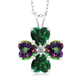 Gem Stone King 925 Sterling Silver Green Nano Emerald and Green Mystic Topaz 4 Heart Shape Gemstone May Birthstone Pendant Necklace For Women (3.26 Cttw, 6MM Heart, with 18 Inch Silver Chain)