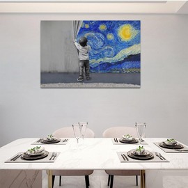 Banksy Wall Art Boys Starry Night Street Graffiti Pictures Wall Decor Kids Canvas Painting Pop Home Modern Artwork Decorations Framed for Living Room Bedroom Bathroom Office 24 x 16 inch
