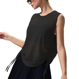 altiland Ultra-Light Sheer Slub Workout Tank Top for Woman, Drawstring Side Ruched Breathable Athletic Yoga Running Layering Tops Relaxed-Fit (Black, M)