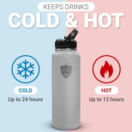 Aqua Armour 40oz Stainless Steel Sports Water Bottle - Double Walled Insulation Keeps Drinks Cold - BPA Free - Reusable Metal Bottles for Gym & Outdoors Hydration - 2 Lids (1 Straw Lid) - Grey