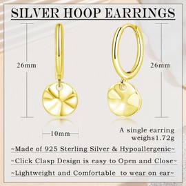 Loutade Gold Hoop Earrings for Women, 925 Sterling Silver Drop Huggie Hanging Earrings with Twisted Coin Dangle, Lightweight Sleeper Cartilage Drop Dangle Ear Hoops Trendy Jewelry Gifts for Girls