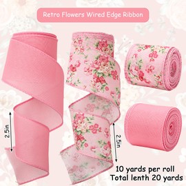JarThenaAMCS Spring Vintage Floral Wired Edge Ribbon Retro Flower Craft Ribbon Pink Decorative Fabric Ribbon for DIY Crafts Wreath Bow Making, 2 Rolls, 20 Yards
