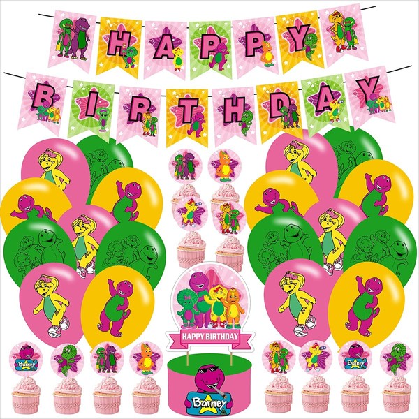 Barney Barny and Friends Party Decoraions,Barney Party Supplies, Barney and Friends Theme Birthday Party Decorations for Kids Adults with Happy Birthday Banner Cake Topper Cupcake Toppers Balloons