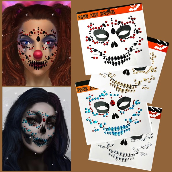 Day of The Died Skull Halloween Face Jewel Tattoos, 4-Pack Temporary Rhinestone Face Tattoo Stickers Gems Jewels for Halloween