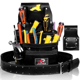 Ap Leather Pro-015 Leather Tool Pouch for Construction,Heavy Duty Hammer Holder,Buckle,3 Pocket Large with Belt, 12 Small Pocket, Tool Organizer