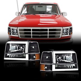 DOTCOM LED DRL Headlights Assembly,Compatible with 1992-1996 Ford F150 Bronco/Fit 1992-1997 Ford F250 F350,F2TZ13008A F2TZ13008B,Clear lens Black Housing Amber Reflector