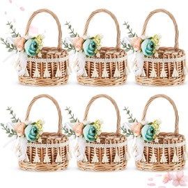 Thyle 6 Pcs Rattan Woven Flower Basket for Wedding Handwoven Rustic Wicker Floral Storage Basket with Artificial Flowers Decorative and Handle for Home Wedding Birthday Decor (Blue)