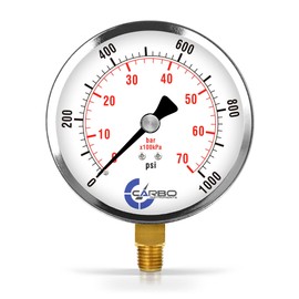 CARBO Instruments 1000 PSI Dry Pressure Gauge, 4" Dial, 1/4 NPT Lower Mount, Chrome Plated Steel Case, Brass Wetted Parts, Dual Scale PSI/Bar - ASME B40.1 Grade A