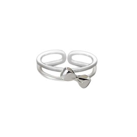 Cute Bow Double Layerd 925 Sterling Silver Adjustable Ring for Women Lovely Ribbon Statement Open Band Finger Rings Comfort Fit Fashion Promise Wedding Valentine Jewelry Gift for Her Christmas,