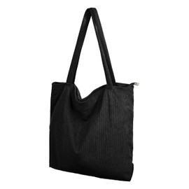 Corduroy Bag Women's Shoulder Bag Tote Bag Corduroy Women's Shopper Handbag with Zip Shoulder Bags Handbag Large Capacity for Work Office Travel Shopping School Everyday, black