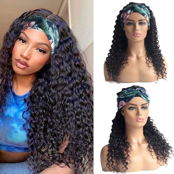 Munx Human Hair Headband Wigs for Black Women Natural Black Deep Wave Headband Wig Glueless No Plucking Human Hair Curly Wigs 150% Density 24inch