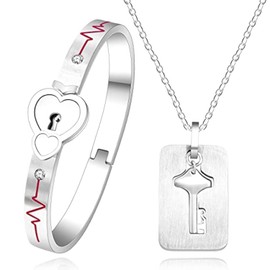 Uloveido Stainless Double Heart Infinity Love Lock Bangle Heartbeat Line Bracelet with Shield Key Pendant Necklace Set Y1891-Steel