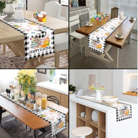 Easter Bunny Eggs Table Runner Buffalo Plaid Linen Tables Runner Butterfly Burlap Dresser Scarf for Kitchen Dining, Holiday Family Dinner (33x183cm)