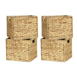 WEAVELYRICS 4 Pack 13 x 11in Rectangular Wicker Storage Bins, Water Hyacinth Baskets, Foldable Wicker Baskets, Storage Basket with Built-in Handles, Handwoven Natural Basket for Shelves, Outdoor