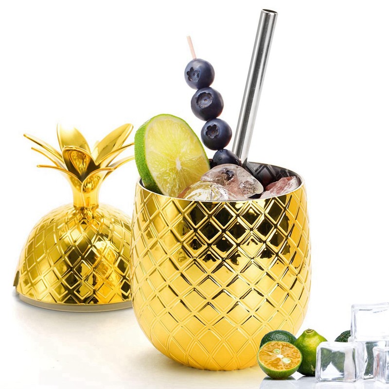 4 Pack Pineapples Drink Cups, 450Ml Gold Pineapples Tumbler with