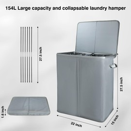 Voova 154L Double Laundry Hamper with Lid and 2 Removable Laundry Bags, Large Collapsible 2 Dividers Dirty Clothes Basket with Handles for Laundry Room, Bedroom, Bathroom, College Dorm, Grey