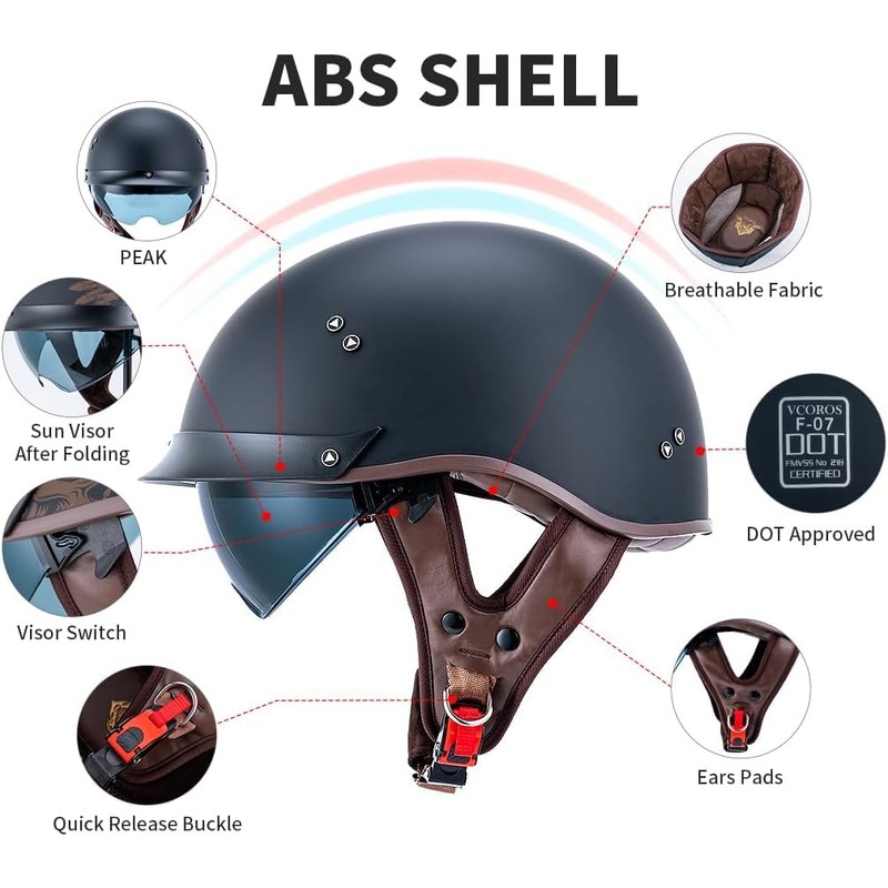 VCOROS Half Helmet Motorcycle DOT Approved Open Face Helmet with