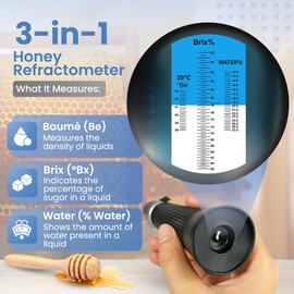 3-in-1 Honey Refractometer with ATC – Brix 58-90%, Baume 38-43%, Moisture 12-27% – Easy to Calibrate, Reliable, and Accurate Tester for Honey, Maple Syrup, Molasses, and More – Ideal for Beekeepers