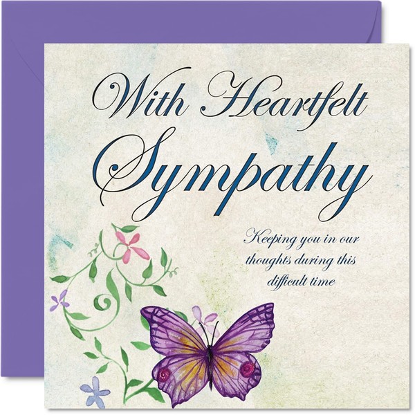 Sympathy Cards Thinking of You Card - Heartfelt Sympathy - Butterfly Flowers Condolences Card, Mourning Bereavement Cards for Adults, Sorry For Your Loss, 145mm x 145mm Flroal Sympathy Greeting Card