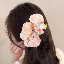 Bethynas Flower Claw Clip Boho Artificial Butterfly Orchid Hair Clip Non Slip Floral Hair Piece Bridal Summer Hawaiian Holiday Party Hair Accessory for Women (Light orange)