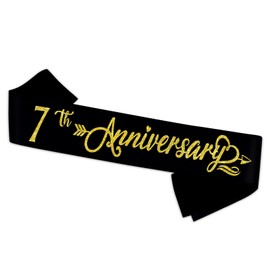 7th Anniversary Sash - Happy 7th Wedding Anniversary Soft Black Sash with Gold Foil - Celebration 7th Wedding Anniversary Party Supplies Gift Decors Favors for Husband Wife