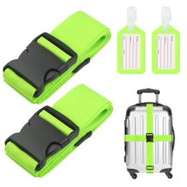 2PCS Luggage Straps and 2pcs Luggage Tags Adjustable Travel Luggage Belts Packaging Bag Buckle Belt Multi-colours Straps choices for suitcase, bag, boxes(Green)