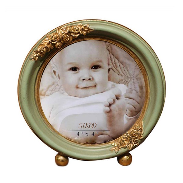 SIKOO 4x4 Vintage Mini Round Rustic Picture Frame Antique Baby Small Tabletop and Wall Hanging Family Photo Frame with High Definition Glass Front for Home Decor, Green