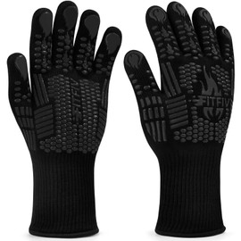 FITFIV BBQ Gloves, Extreme Heat Resistant Barbecue Gloves, Oven Mitts Silicone Non-Slip Oven Gloves, Kitchen Gloves for Cooking, Grilling, and Baking (Black)