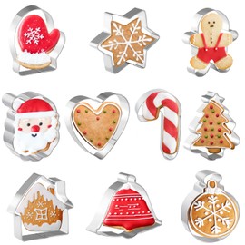 JOB JOL Christmas Cookie Cutters 10 PCS, 3'' to 3.5'', Santa Face, Gingerbread Man, House, Christmas Tree, Bell, Mitten