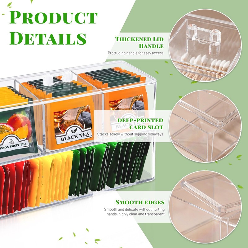 2pcs Tea Bag Storage Box, Acrylic Tea Organiser with Lid