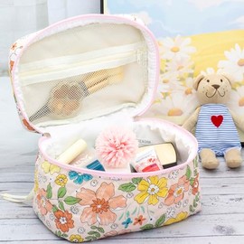 PAZIMIIK Cotton Makeup Bag for Women Large Quilted Travel Cosmetic Case Girls' Make Up Organizer,Floral Orange