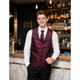 YOHOWA Formal Men Burgundy Vest V-Neck Suit Vests Tie Bowtie Set Paisley Jacquard Waistcoat Clip Hanky Cufflinks Lapel Pin Wedding 8PCS