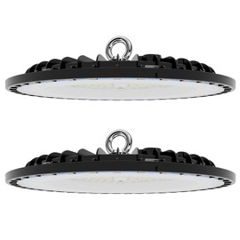 Sumkea 2 Pack 200W UFO LED High Bay Light, High Bay LED Shop Light Fixture 3000-6500K, 28,000lm, with 5' Cable US Plug, Safe Rope, Commercial Bay Lighting for Barn Factory Warehouse Church - Black