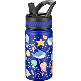 Fanhaw 420 ml Kids Insulated Water Bottle with Straw - Stainless Steel Double Wall Vacuum Cup, Leakproof, BPA Free, Suitable for Boys and Girls(Blue - Ocean)