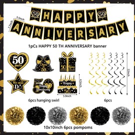 Trgowaul 50th Anniversary Decoration Set, 20pcs Black Gold Happy Wedding Anniversary Party Supplies, Banner, cupcake toppers, Hanging Swirl, Pompoms for Men Women