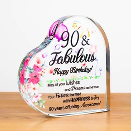 Movdyka Glass 90th Birthday Gifts for Women Heart Colorful Plaque Keepsake for 90 Years Old Mum Nan Aunties, Happy 90th & Fabulous Presents for Her