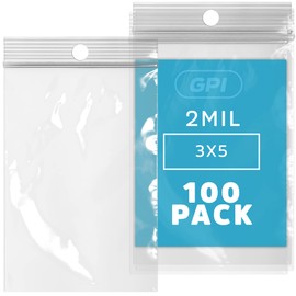 GPI - 3" x 5" - Bulk Pack of 100, 2 Mil Thick, Clear Plastic Reclosable Zip Bags, Hang Hole for Display, Durable Poly Baggies with Resealable Zip Top Lock for Storage, Packaging & Shipping