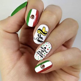 Mexican Press on Nails Short Oval False Nails Mexico Patriotic Fake Nails with Glue Short Mexico Flag Badge Hat Design Acrylic Nails Stick on Nails for Women and Girls Mexico Press on Nails