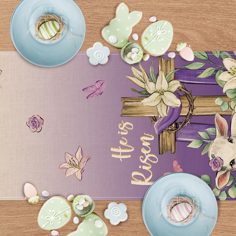 Croar He is Risen Easter Purple Christian Table Runner, Religious
