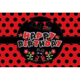 Ttincceer 150x100cm Happy Birthday Backdrop Cute Seven Star Ladybug Background Red Black Theme Animal Photography Background Baby Girl Boy Birthday Party Decoration Banner