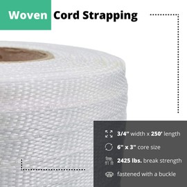 IDL Packaging - CW.34.M-1 Flat Rope 3/4" x 250' HD Woven Cord Strapping Roll 2425 lbs. Break Strength, 6" x 3" Core, White - 1 Roll