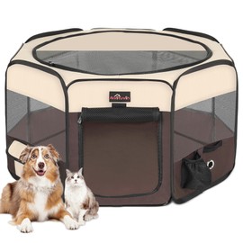 Aivituvin Dog Playpen, Foldable Pet Play Pens with Carrying Bag for Cat, Puppies, Rabbits, Portable Dog Tent Crates Cage for Travel Camping Indoor Outdoor, Removable Shade Cover, Brown S