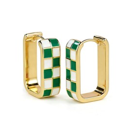 Chunky Checkered Huggie Hoop Earrings for Women, 14K Gold Plated Dainty Black White Green Enamel Square Huggie Hoops, Hypoallergenic Trendy Earrings for Daily & Gift Wear (Green)