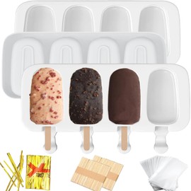3 piezas de moldes grandes de silicona para paletas heladas, BZIDII moldes para pastelitos de 4 cavidades, moldes ovalados de silicona para paletas de helado y barras de hielo con 100 palillos de